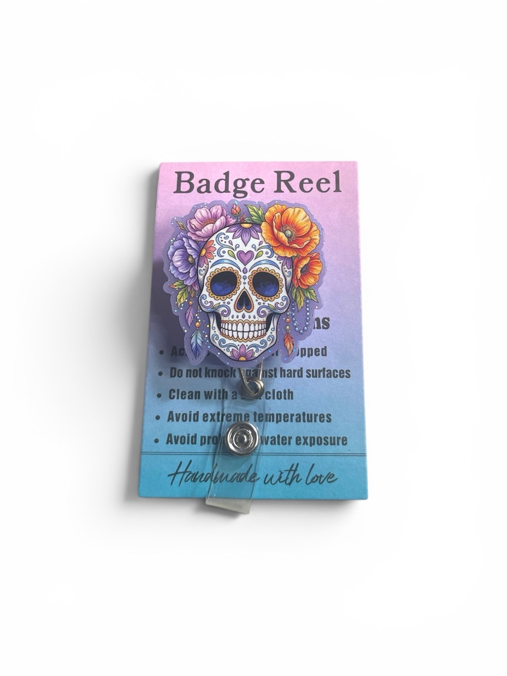 Sugar Skull Floral Badge Reel - Pink & Purple